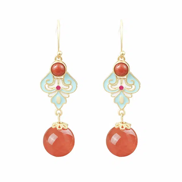 琦珂 繁花转运珠耳饰新中式民族风复古气质国潮百搭古风配饰 玛瑙 耳环 女款