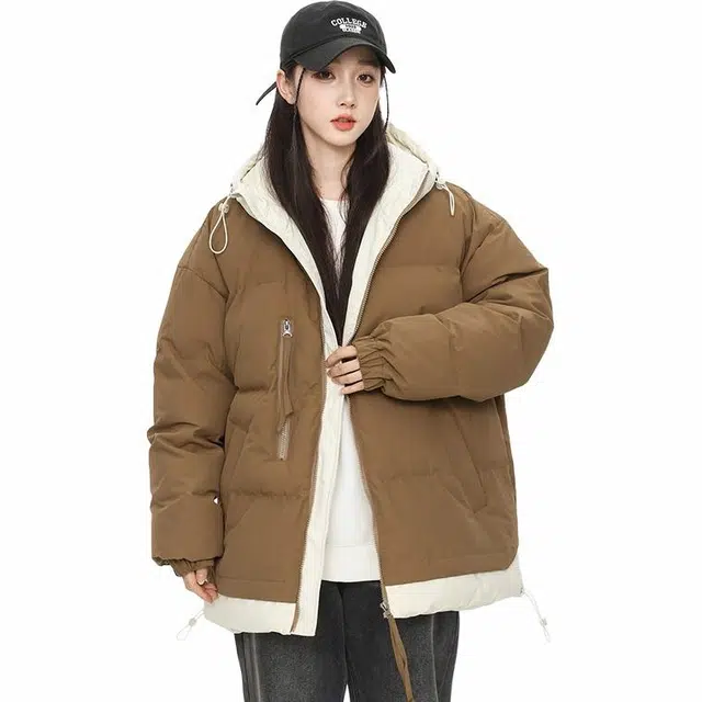 玉儿恋 都市时尚舒适休闲假两件连冒潮牌棉服 男女同款