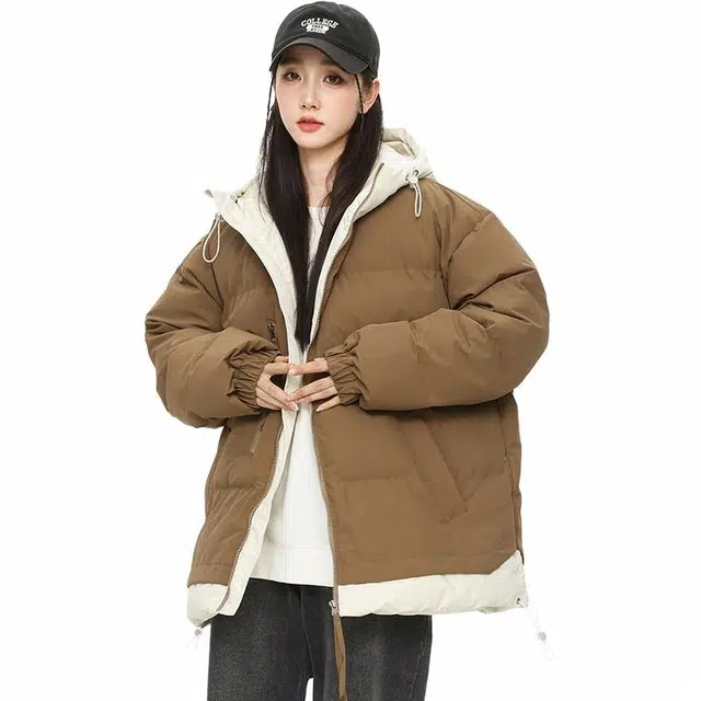 玉儿恋 都市时尚舒适休闲假两件连冒潮牌棉服 男女同款