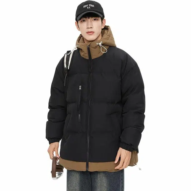 玉儿恋 都市时尚舒适休闲假两件连冒潮牌棉服 男女同款