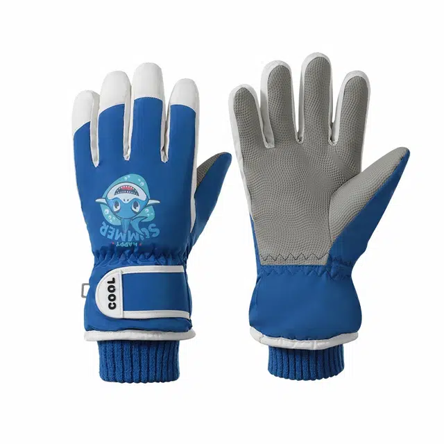 【东北旅游玩雪】 南极人 可爱鲨鱼卡通男女孩冬天加绒加厚防泼水学生骑行保暖防寒五指防冻 防滑耐用 运动手套 儿童款