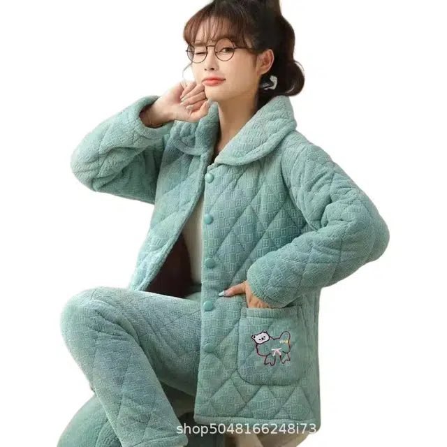 北极绒 简约舒适长袖外穿休闲睡衣套装 女款