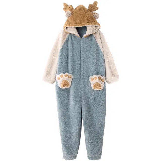 俏薇妮 简约精致可爱熊头加厚保暖休闲舒适可外穿家居连体衣 女款 蓝色