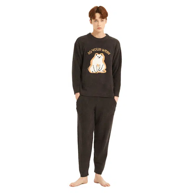 美力城 半边绒圆领套头动物卡通简约休闲家居服可外穿保暖秋冬睡衣套装 男款