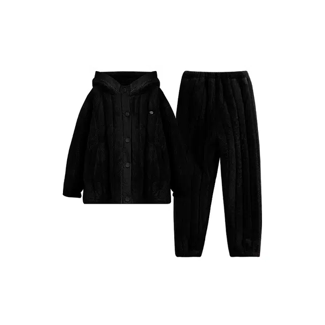 贝妍 亲肤时尚连帽保暖长袖长裤三层夹棉睡衣套装 男款 黑色