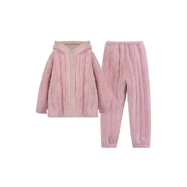 贝妍 三层夹棉时尚连帽上衣长裤保暖睡衣套装 女款 粉红色