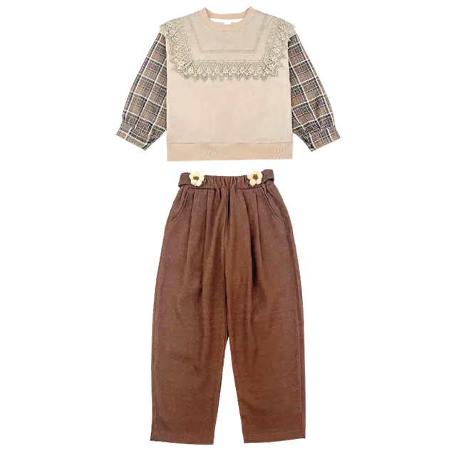 木木兔 格子舒适柔软轻盈休闲运动套装 卡其色青少年