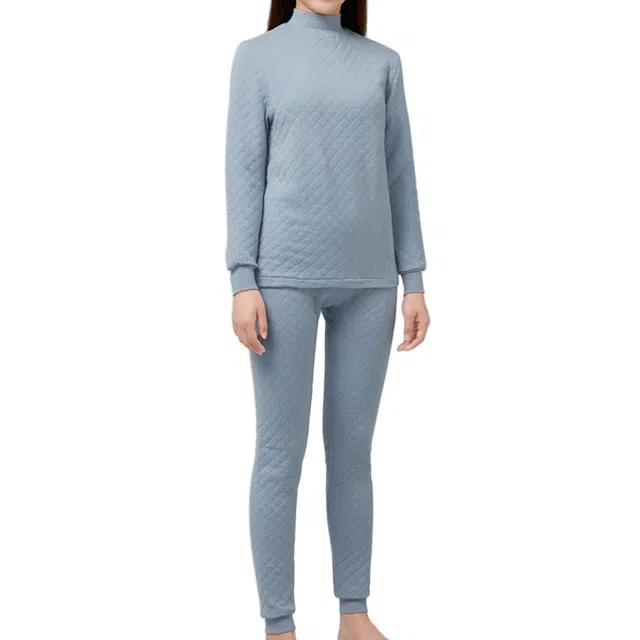 宜而爽 三层夹棉纯色空气层上衣防风抗寒合身下衣保暖套装 女款