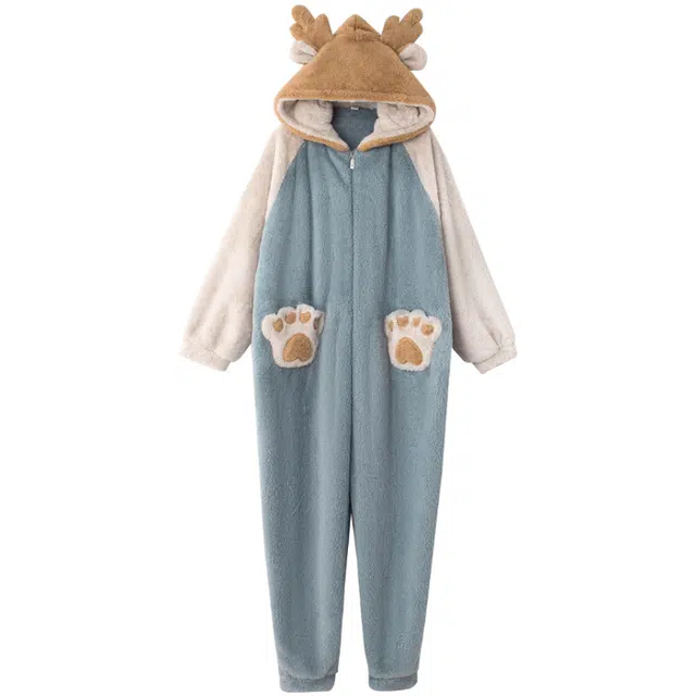 俏薇妮 简约精致可爱熊头加厚保暖休闲舒适可外穿长袖家居连体衣 男款 蓝色