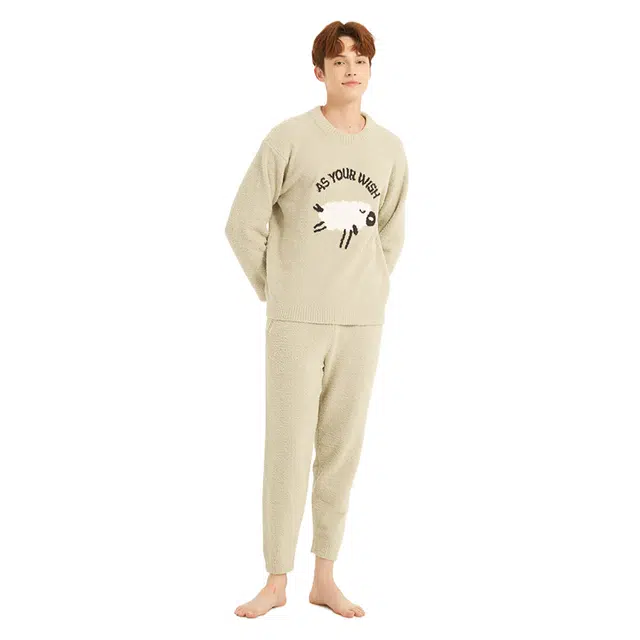 美力城 半边绒圆领套头动物卡通简约休闲家居服可外穿保暖秋冬睡衣套装 男款