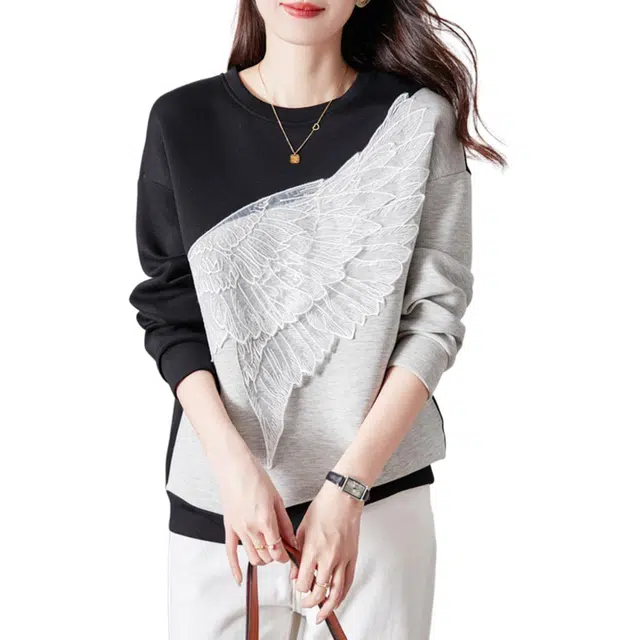 【dme】 撞色圆领套头翅膀刺绣落肩长袖卫衣 女款 灰色