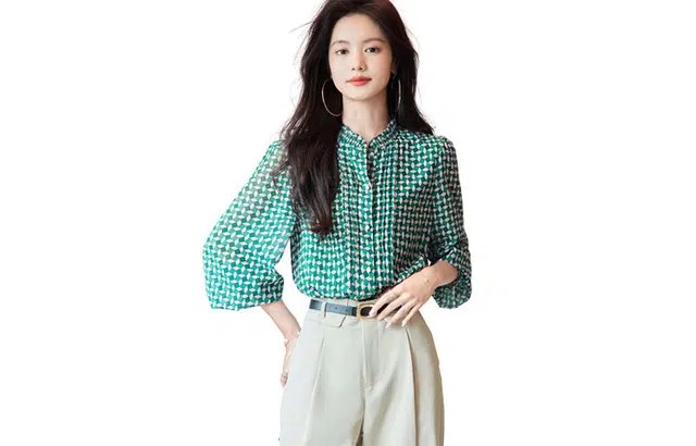 【dme】 印花立领休闲泡泡长袖衬衫 女款 石绿