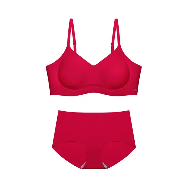 芬斯狄娜 加厚小胸显大外扩型无钢圈聚拢无痕文胸三角内衣裤套装 女款 红色
