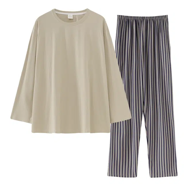 好福份 纯色舒适条纹可外穿简约长袖长裤睡衣套装 男款 图片色