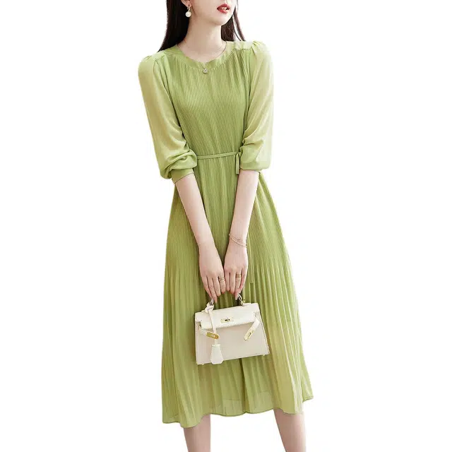 【dme】 纯色圆领雪纺长袖连衣裙 女款