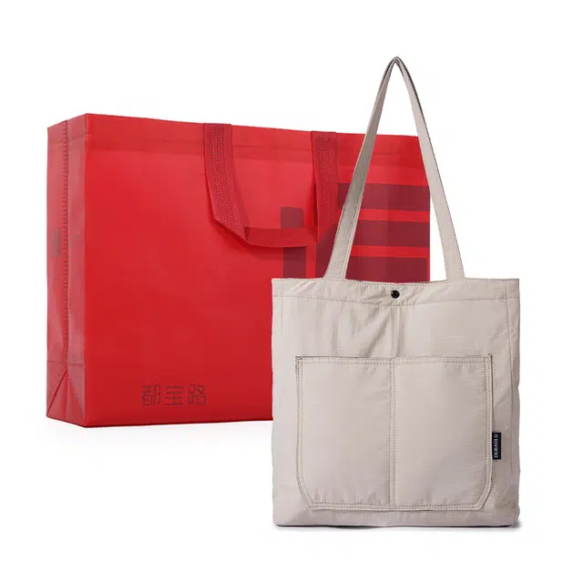 都宝路 学院风大容量托特包百搭 织物轻便布包 单肩包 大号 男女同款情侣款 黑色/杏色