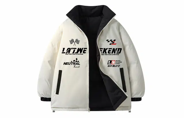 LA'T.WEEKEND Extreme Cold Outdoor 85 White Duck Down Reversible Racing Logo Jacket