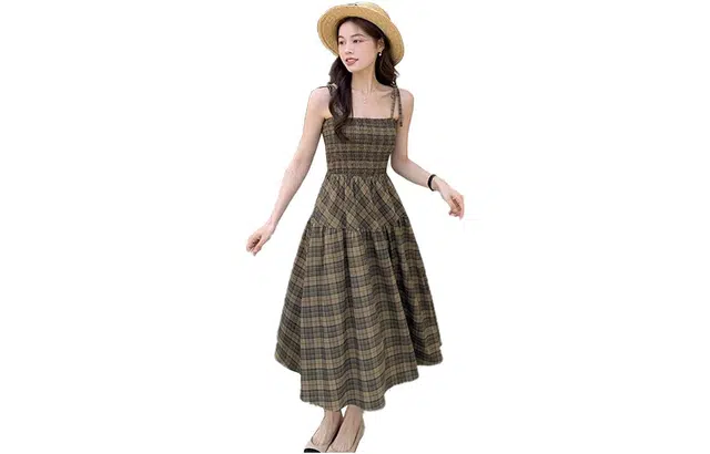 花栗鼠小姐 格子拼接蝴蝶结吊带连衣裙