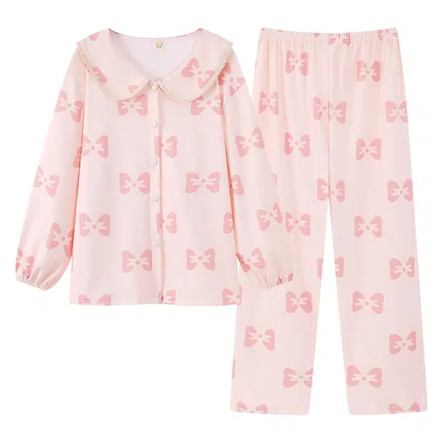 乐姿韵 甜美公主风蝴蝶结长袖娃娃领睡衣套装 女款 粉色