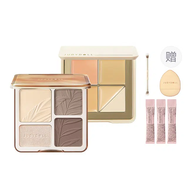 橘朵 高光修容盘五色遮瑕盘阴影提亮 不卡粉修饰肤色哑光均匀肤色服帖滋润磨皮 面部立体组合鼻影送化妆刷粉扑卸妆膏