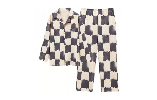 橡柠派 棋盘格高级感简约翻领长袖长裤睡衣套装 男女同款 奶灰色