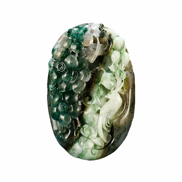 玉说  绶带鸟花朵天蓝绿白料 花前月下伉俪情深款 独山玉 玉石摆件雕件