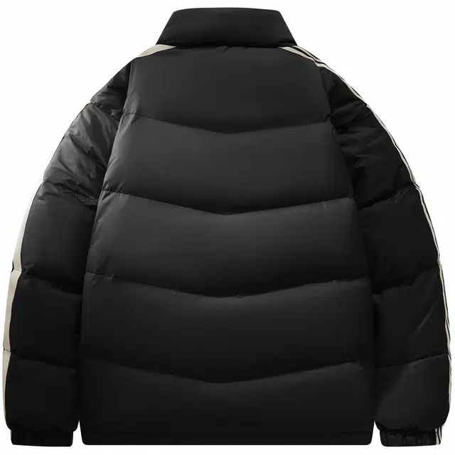 蜡笔小新 撞色条纹卡通小新小标立领保暖加厚休闲面包羽绒服外套 男女同款 黑色