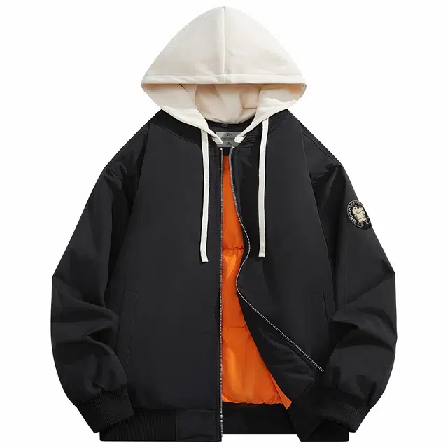 蜡笔小新 卡通人物袖徽标语字母印花休闲保暖加绒加厚可拆卸连帽棒球羽绒服外套 男女同款