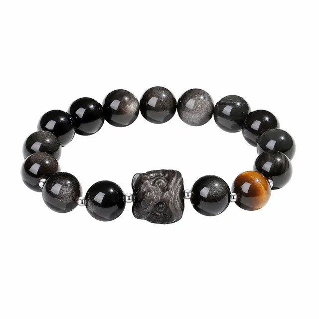 【普陀山官方已过香】 普陀山文创 国风醒狮新中式招财纳福转运佛珠串复古民族风平安圆满小众百搭#好运 生日礼盒装 黑曜石 手串 男款