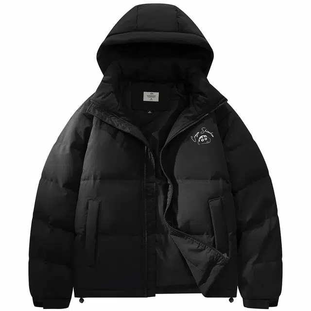 蜡笔小新 卡通字母印花下摆可调节保暖加厚休闲连帽面包羽绒服外套 男女同款