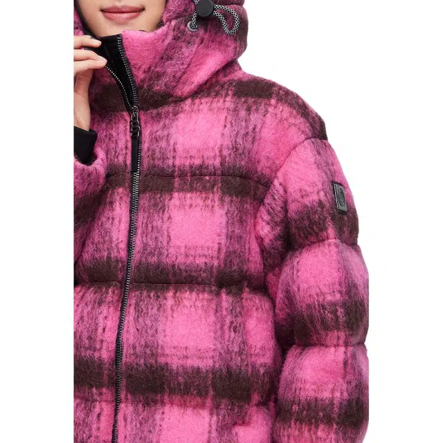波司登 含绵羊毛鹅绒金属袖标格子连帽宽松短款羽绒服 女款