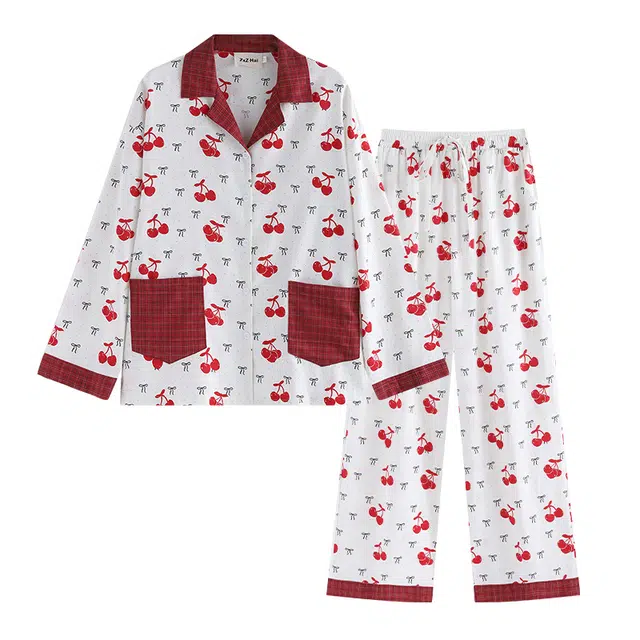 侘町 复古红殷桃纯棉透气亲肤长袖长裤睡衣套装 女款 图色