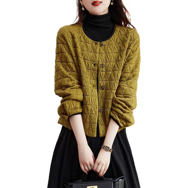 【dme】 小个子开衫菱格加厚长袖夹克外套 女款 姜色