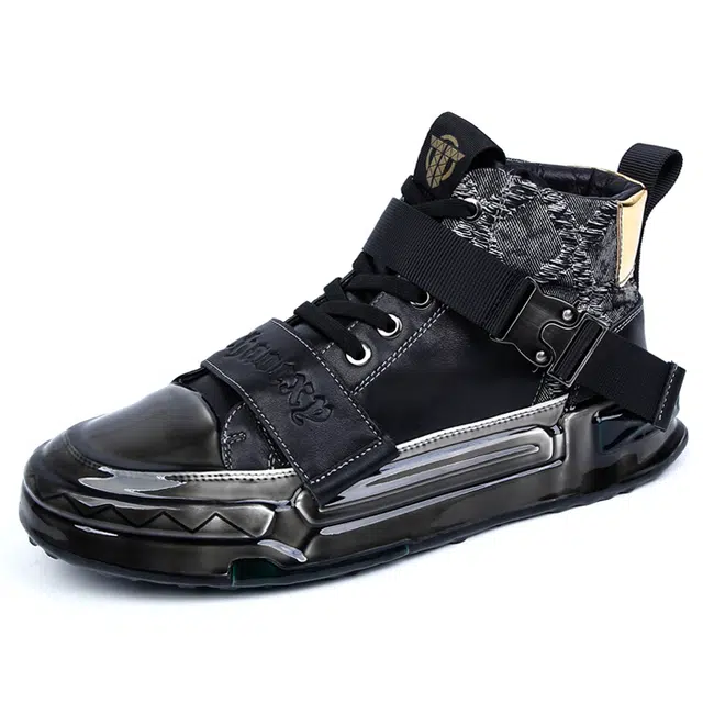 圣大骑士 牛皮革 经典时尚潮流百搭 防滑 高帮 板鞋 男款 黑色