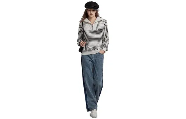 【dme】 休闲条纹海军领卫衣 女款 米白