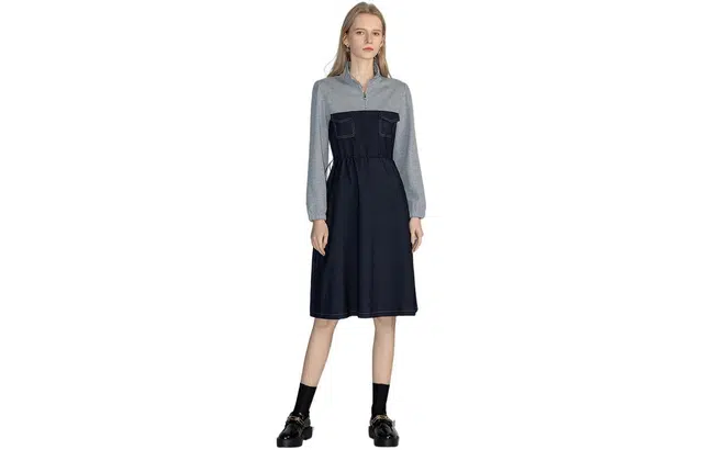 【dme】 休闲拼色立领长袖连衣裙 藏青