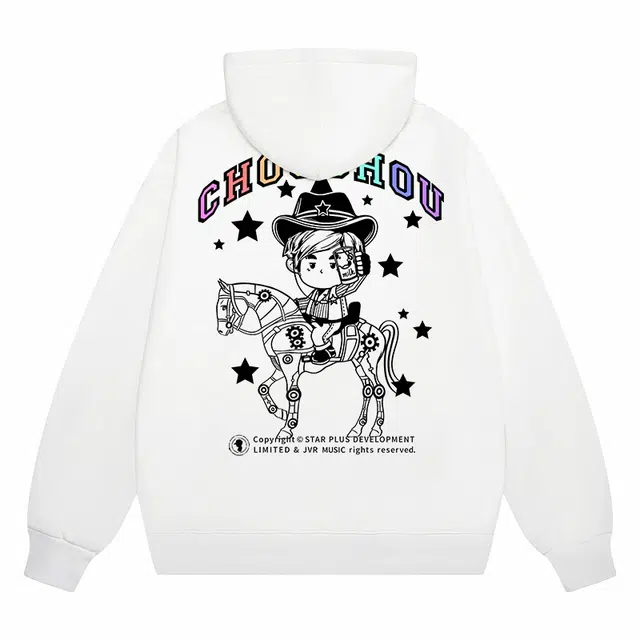 周同学 周杰伦 简约星星卡通形象印花连帽宽松套头加绒加厚保暖防风舒适长袖卫衣 男女同款