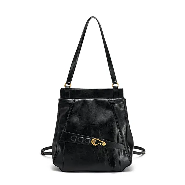 西木汀 赫拉 小众气质 牛皮剖层革 双肩包单肩包 大号 女款 黑色