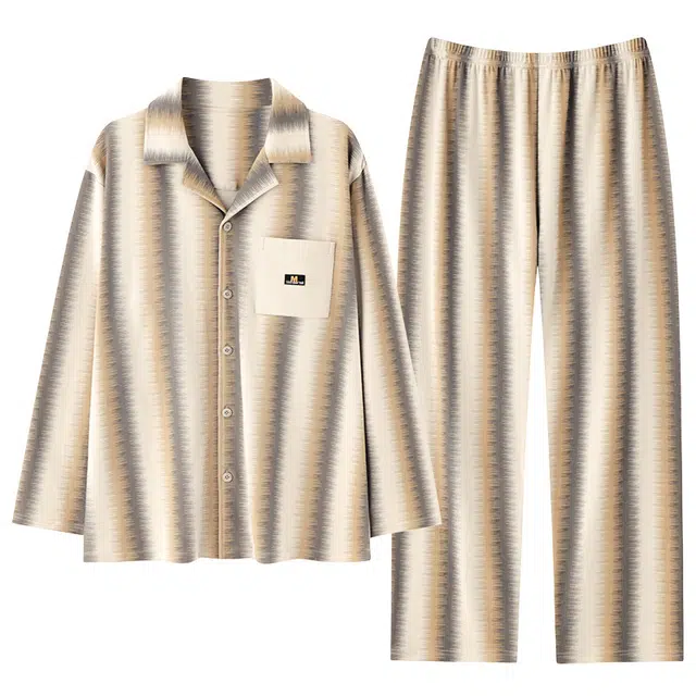 好福份 亲肤舒适条纹开衫翻领可外穿长袖长裤睡衣套装 男款 图片色