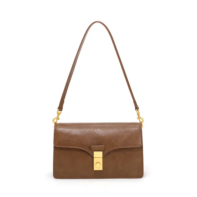 西木汀 似水流年 经典翻盖小众气质  牛剖层革 腋下包单肩包 小号 女款 咖啡色/深邃黑