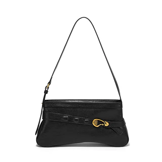 西木汀 奶芙 小众气质 牛皮剖层革 法棍包腋下包单肩包 中号 女款 奶白色/深邃黑