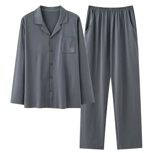 好福份 亲肤舒适纯色开衫翻领长袖长裤睡衣套装 男款 图片色