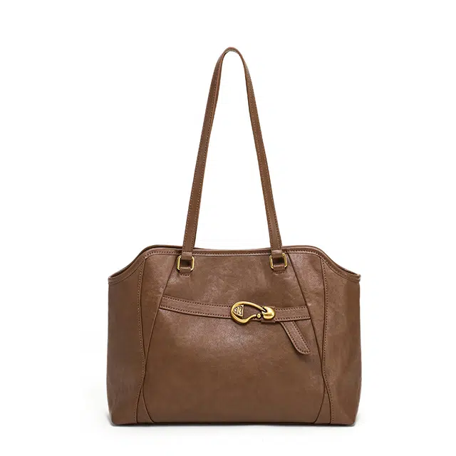 西木汀 焦糖拿铁  小众气质 牛皮剖层革 托特包腋下包单肩包 大号 女款 咖啡色/深邃黑