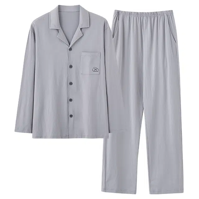 好福份 开衫纯色简约翻领长袖长裤可外穿睡衣套装 男款 图片色