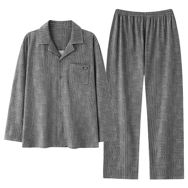 好福份 开衫透气翻领可外穿长袖长裤睡衣套装 男款 图片色