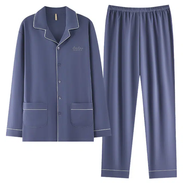 好福份 亲肤舒适开衬翻领纯色可外穿长袖长裤睡衣套装 男款 图片色