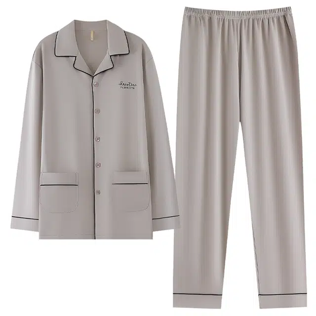 好福份 开衫简约纯色翻领可外穿长袖长裤睡衣套装 男款 图片色