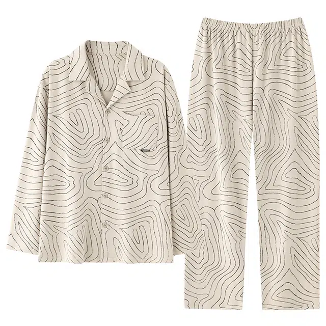 好福份 开衫纯棉翻领可外穿简约长袖长裤睡衣套装 男款 图片色