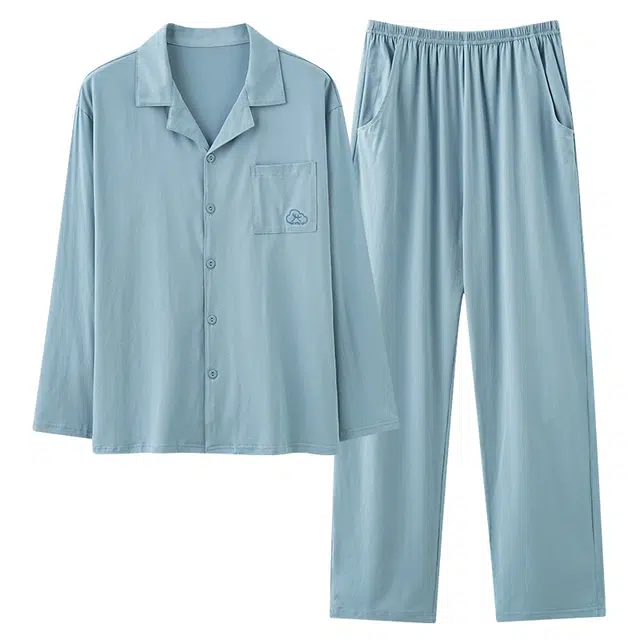 好福份 开衫纯色翻领长袖长裤舒适透气睡衣套装 男款 图片色