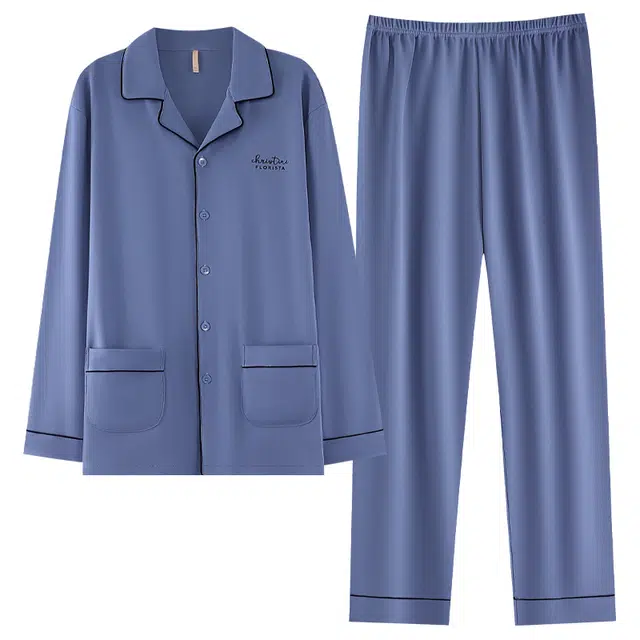 好福份 开衫纯色翻领简约可外穿长袖长裤睡衣套装 男款 图片色